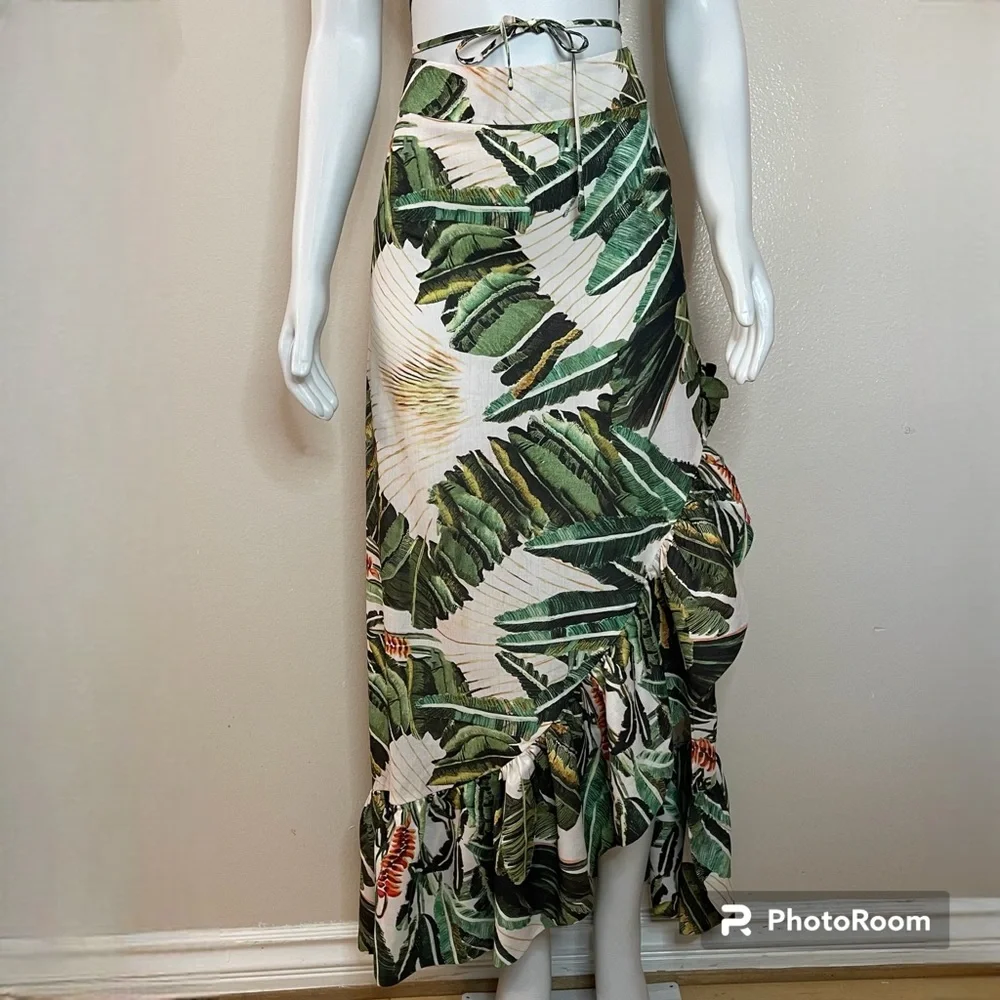 Green multi smocked back ruched crop top split thigh midi skirt set